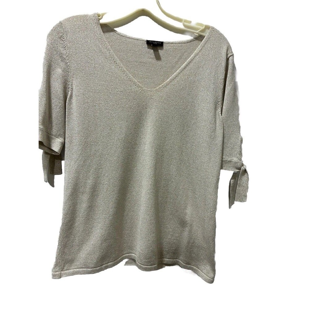 Talbots V-neck Champagne Metallic Short Knot Sleeve Knit Shirt TopMedium Petite